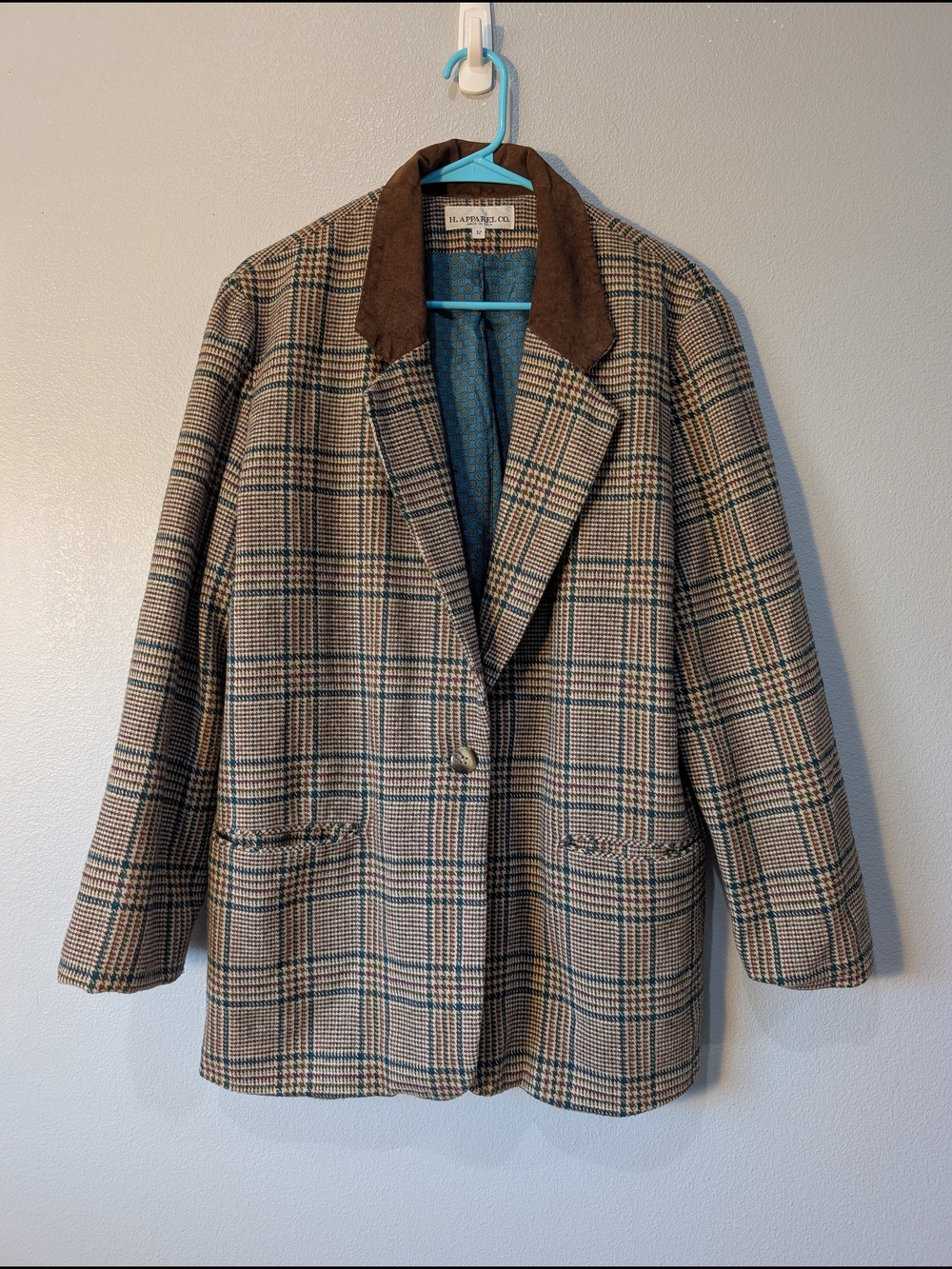 Vintage Tan Plaid Single-Button Blazer with Brown Corduroy Collar